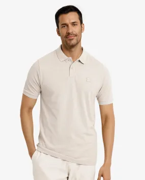 Rare Rabbit Men's Clif Dusky Beige Cotton Fabric Short Sleeves Printed Detailing On Collar Regular Fit Plain Knit Polo T-Shirt