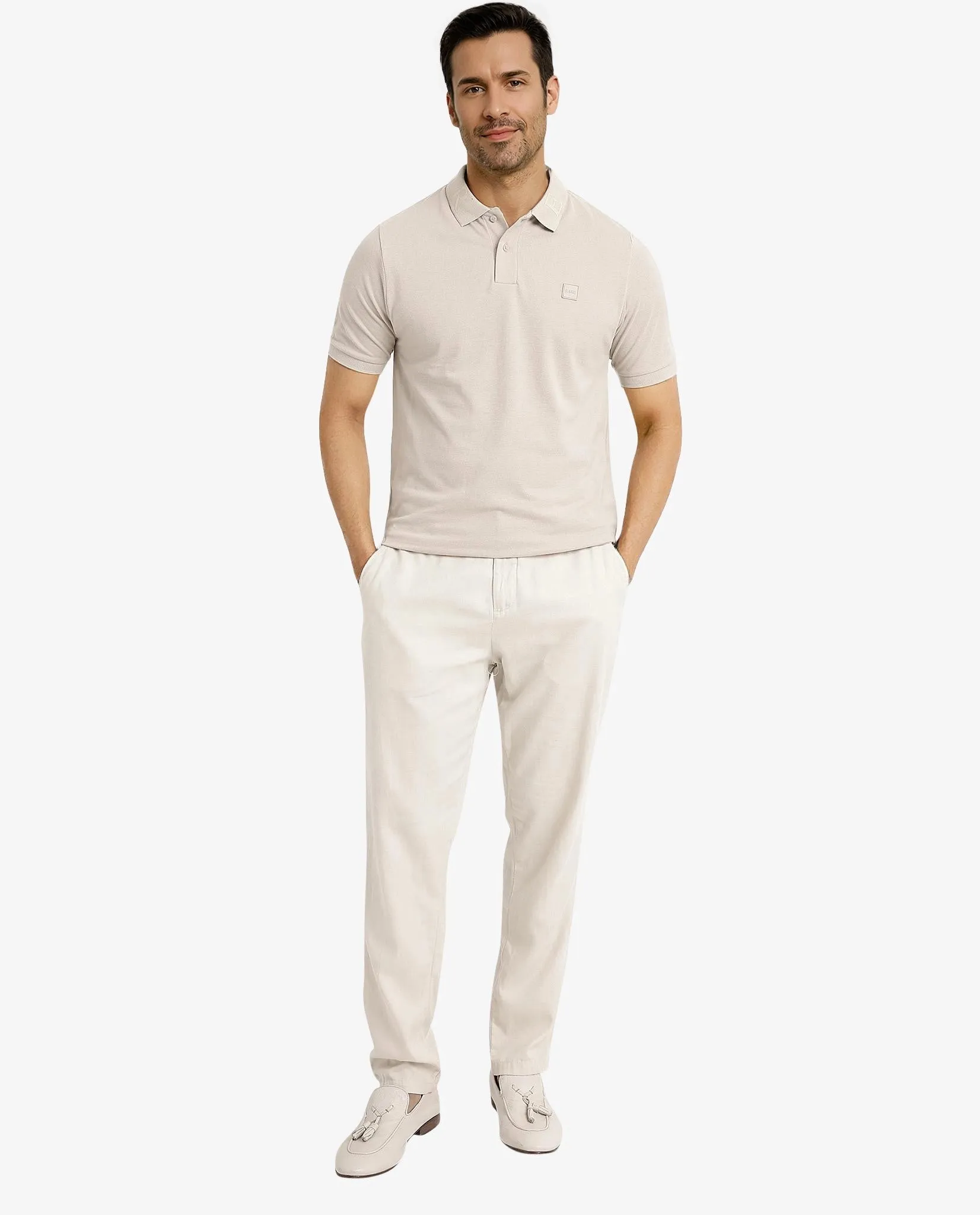 Rare Rabbit Men's Clif Dusky Beige Cotton Fabric Short Sleeves Printed Detailing On Collar Regular Fit Plain Knit Polo T-Shirt