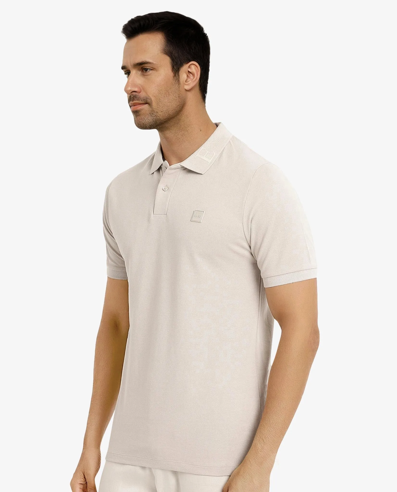Rare Rabbit Men's Clif Dusky Beige Cotton Fabric Short Sleeves Printed Detailing On Collar Regular Fit Plain Knit Polo T-Shirt