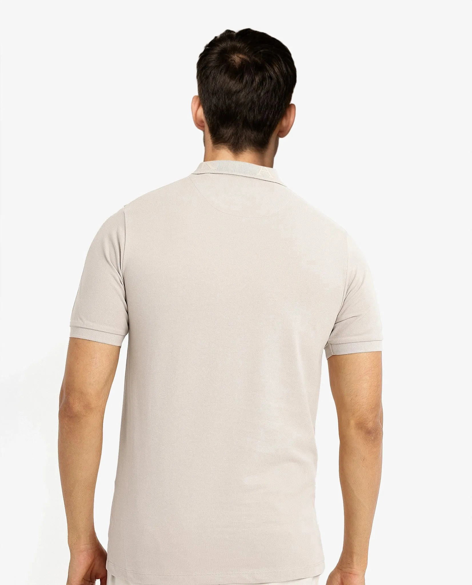 Rare Rabbit Men's Clif Dusky Beige Cotton Fabric Short Sleeves Printed Detailing On Collar Regular Fit Plain Knit Polo T-Shirt
