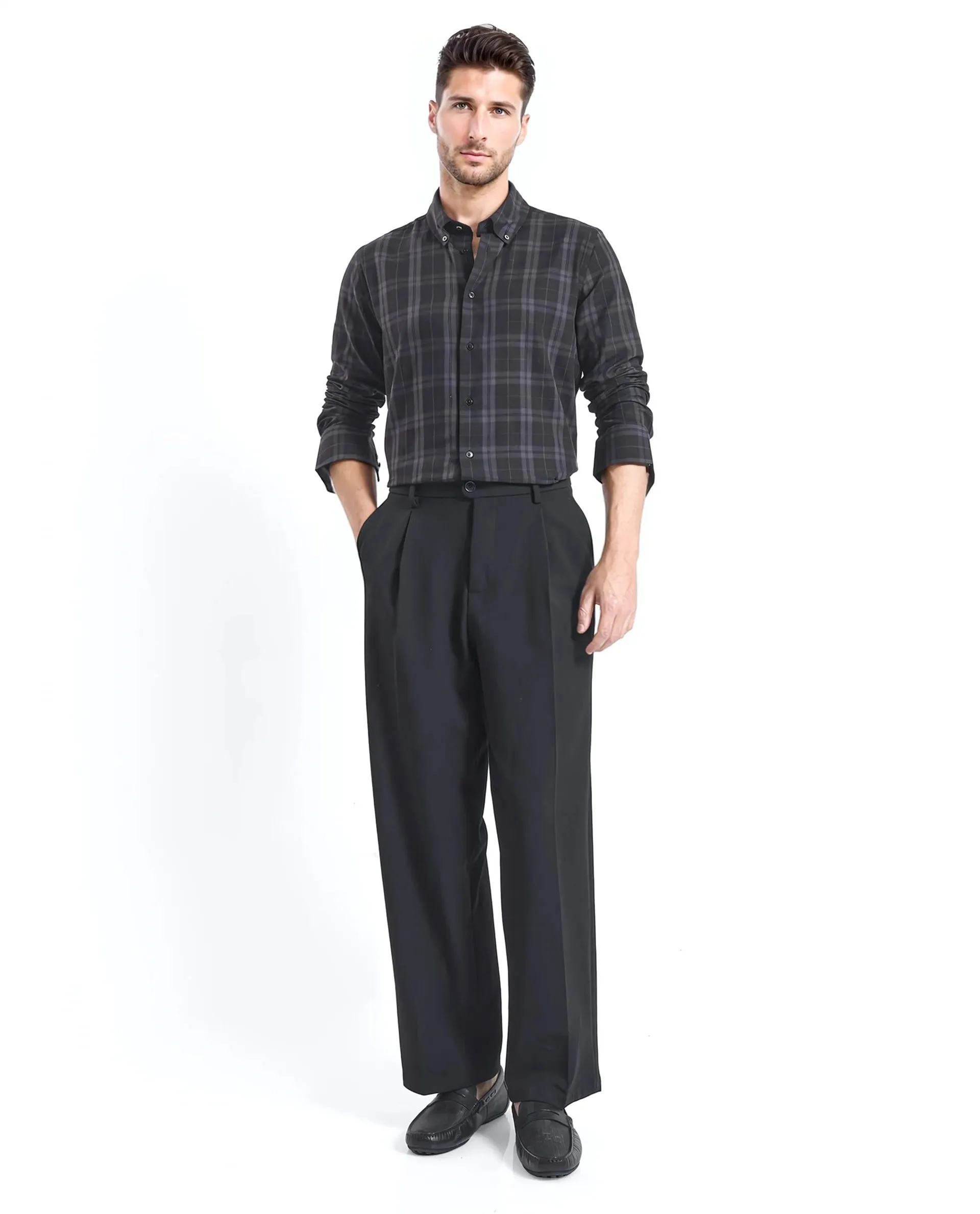 Rare Rabbit Men's Pambi Dark Black Cotton Fabric Full Sleeve Collared Neck Checks Shirt