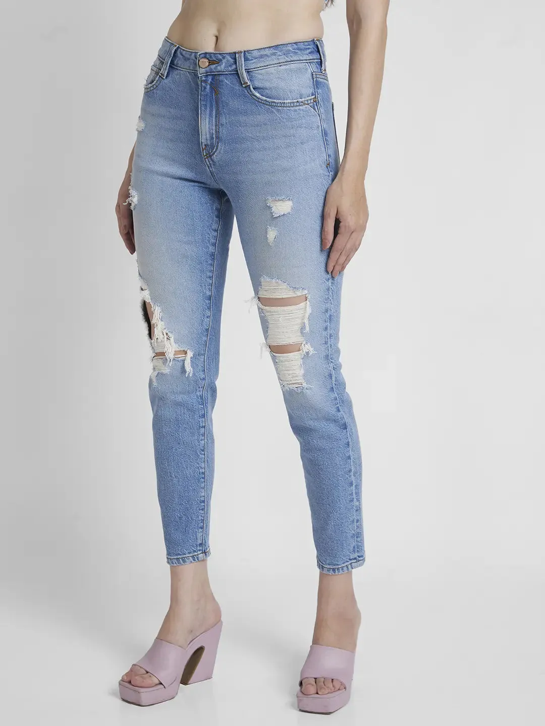 Spykar Women Light Blue Cotton Mom Fit Ankle Length Mild Distressed Jeans -(Amora)