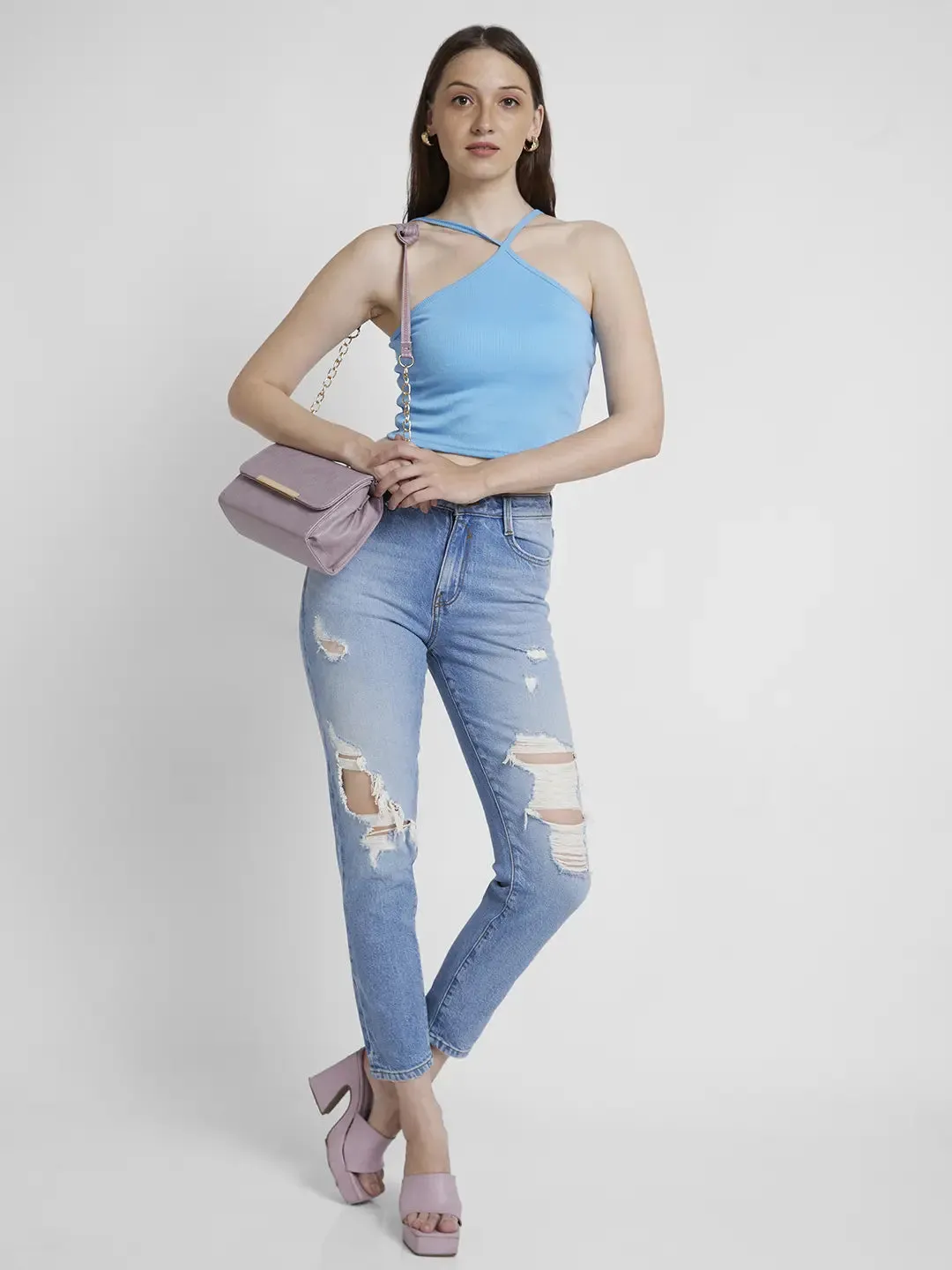 Spykar Women Light Blue Cotton Mom Fit Ankle Length Mild Distressed Jeans -(Amora)