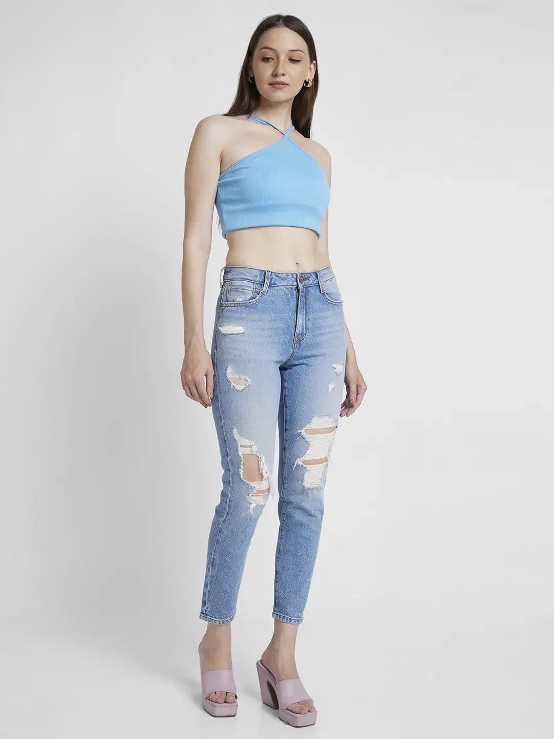 Spykar Women Light Blue Cotton Mom Fit Ankle Length Mild Distressed Jeans -(Amora)