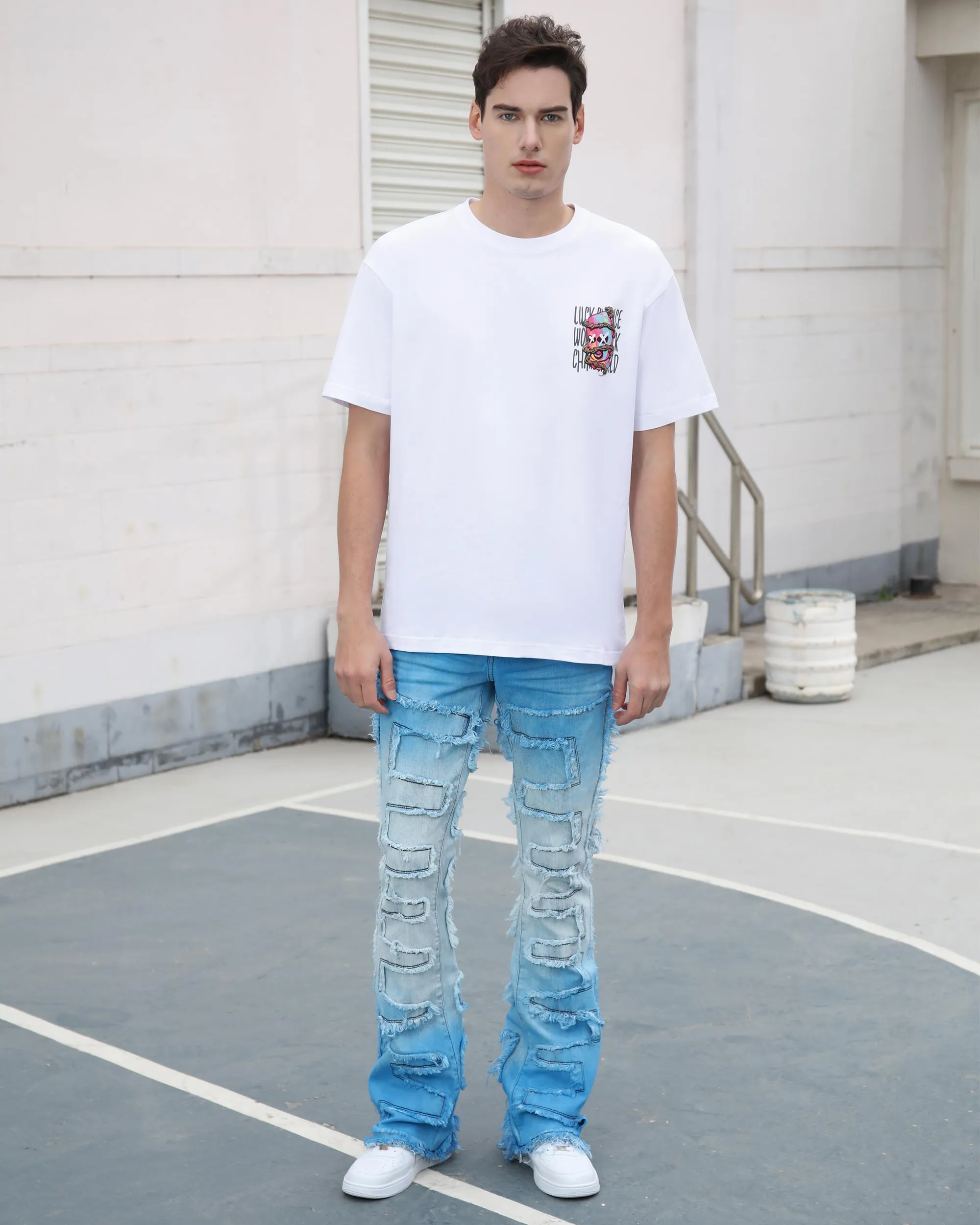 Stacked Jeans in Gradient Blue with Fringe-Mexico Local Delivery