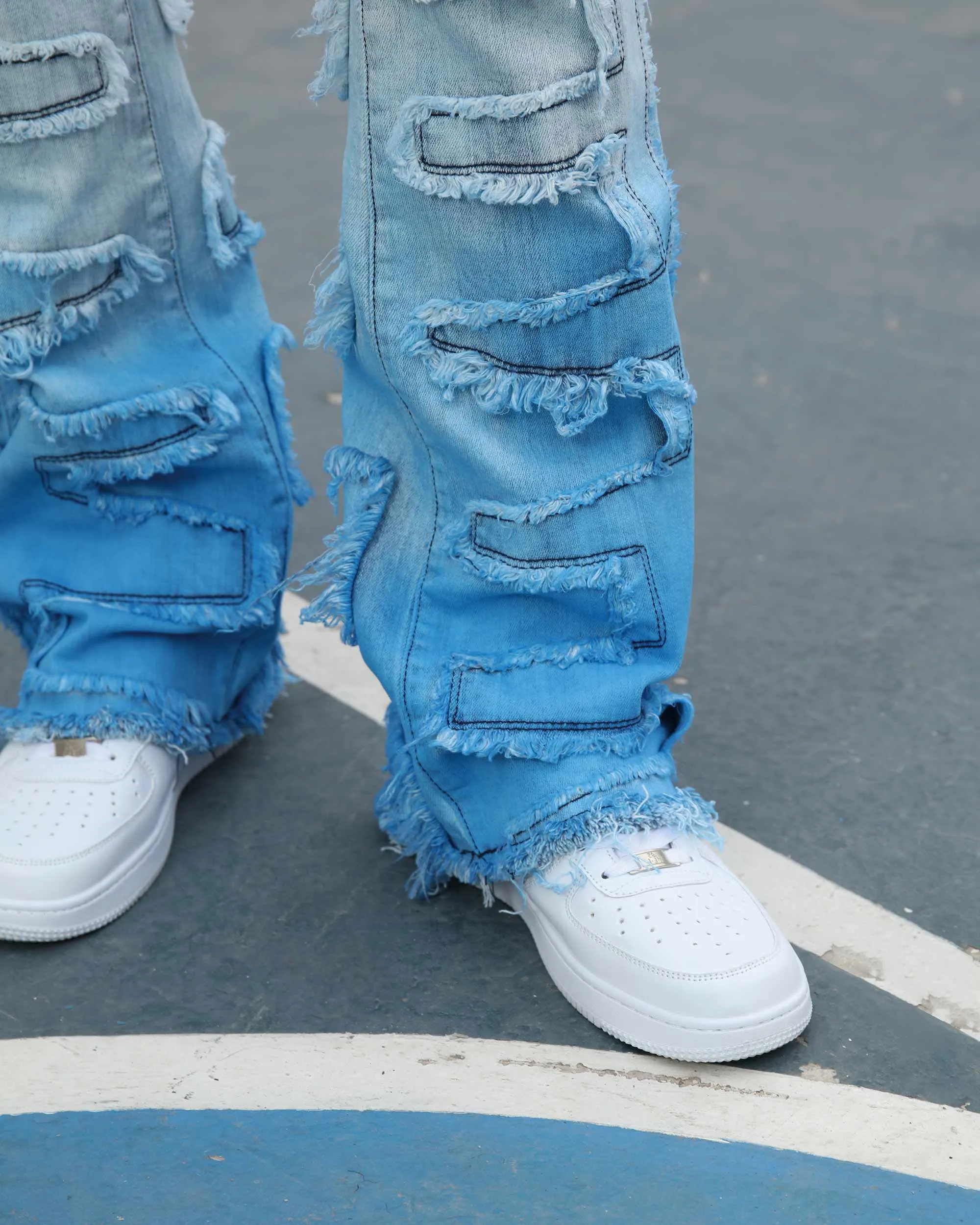 Stacked Jeans in Gradient Blue with Fringe-Mexico Local Delivery