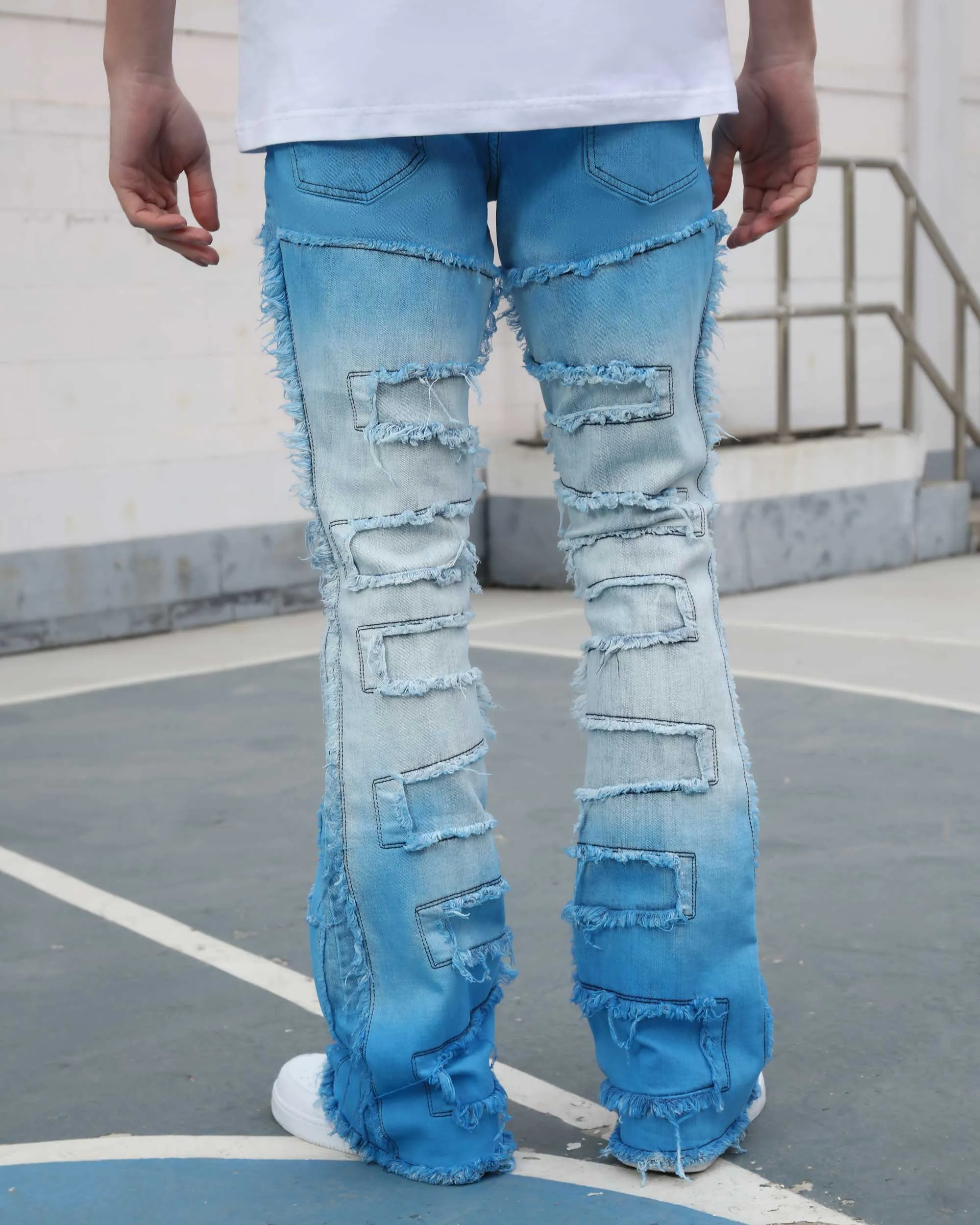 Stacked Jeans in Gradient Blue with Fringe-Mexico Local Delivery