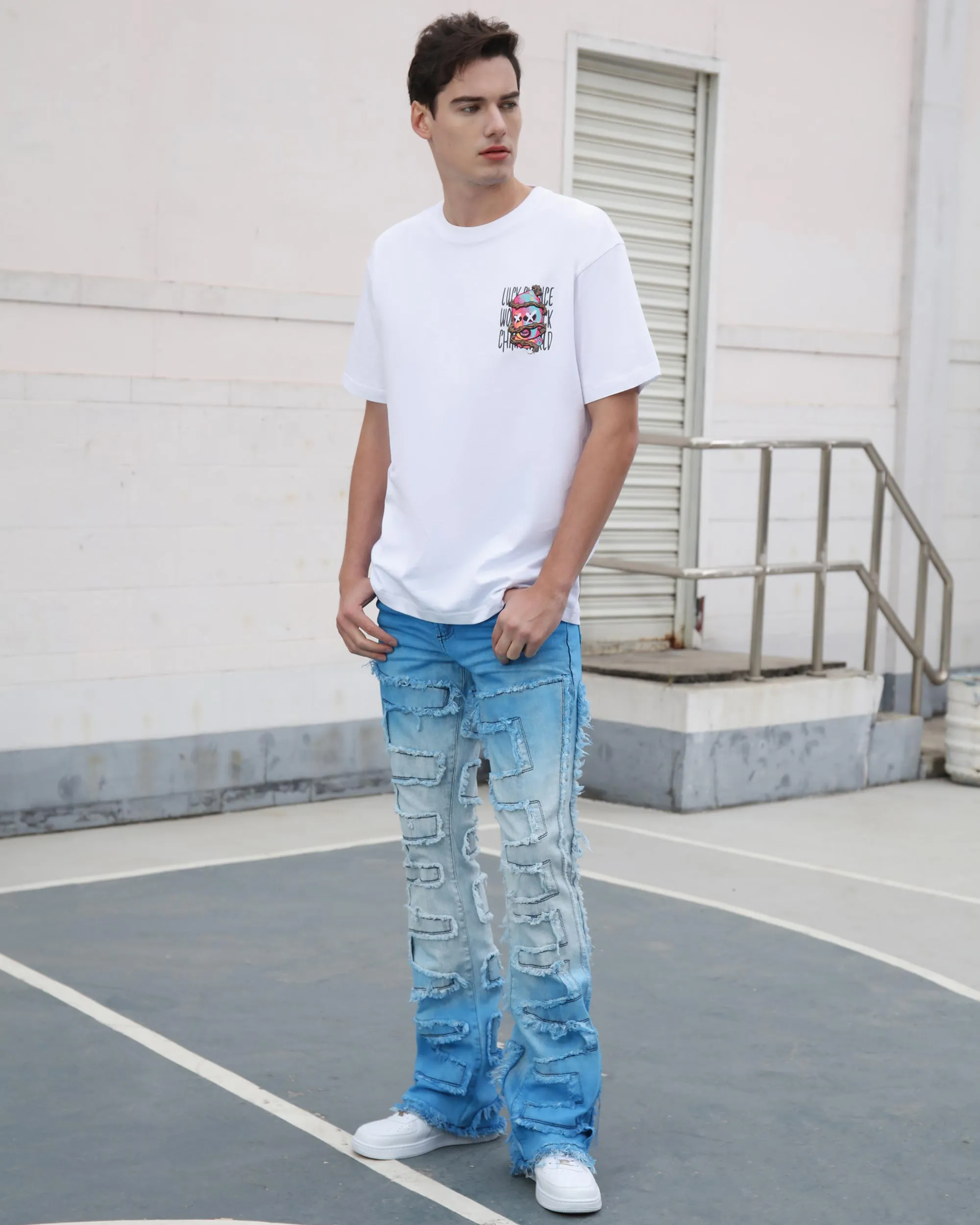 Stacked Jeans in Gradient Blue with Fringe-Mexico Local Delivery