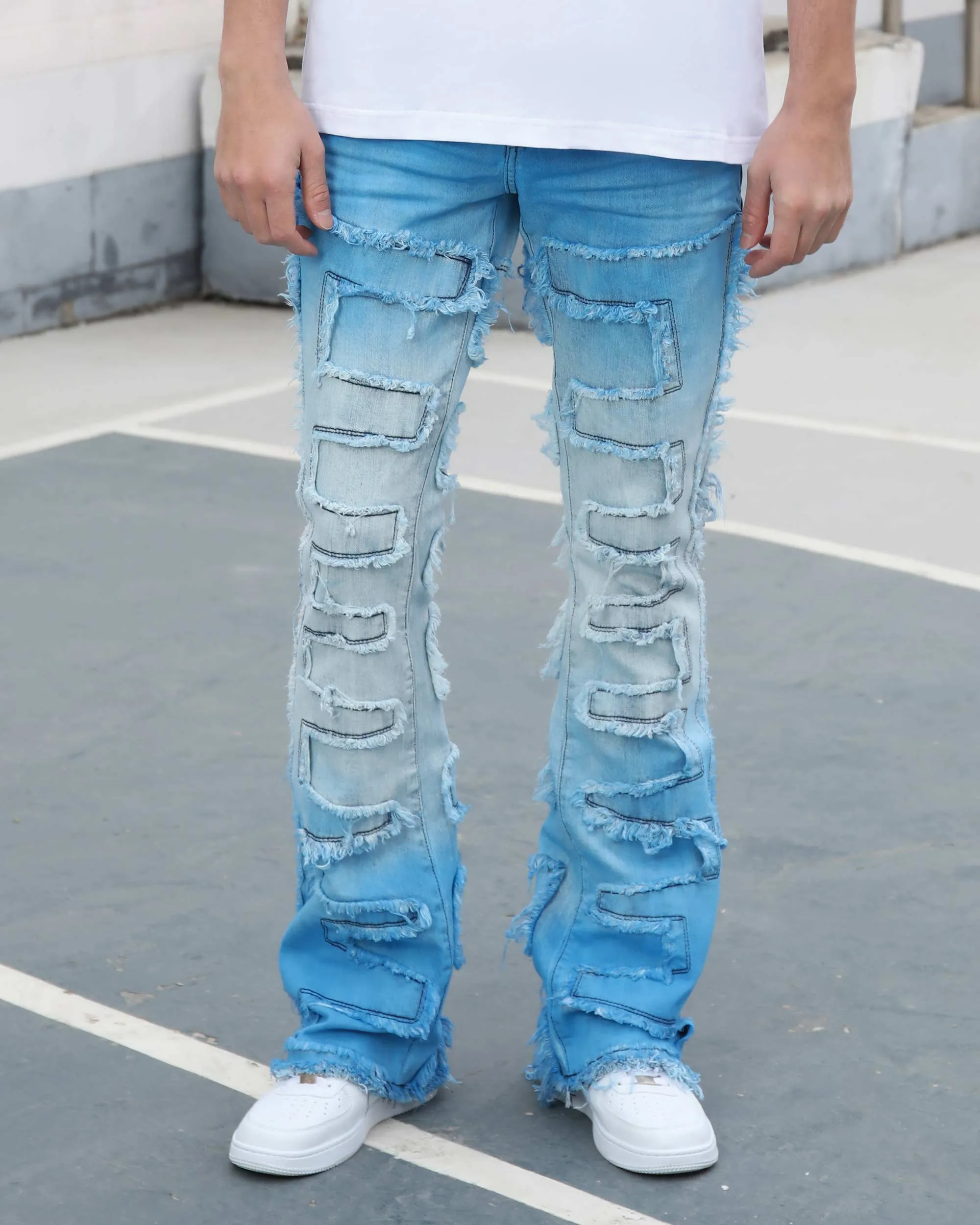 Stacked Jeans in Gradient Blue with Fringe-Mexico Local Delivery