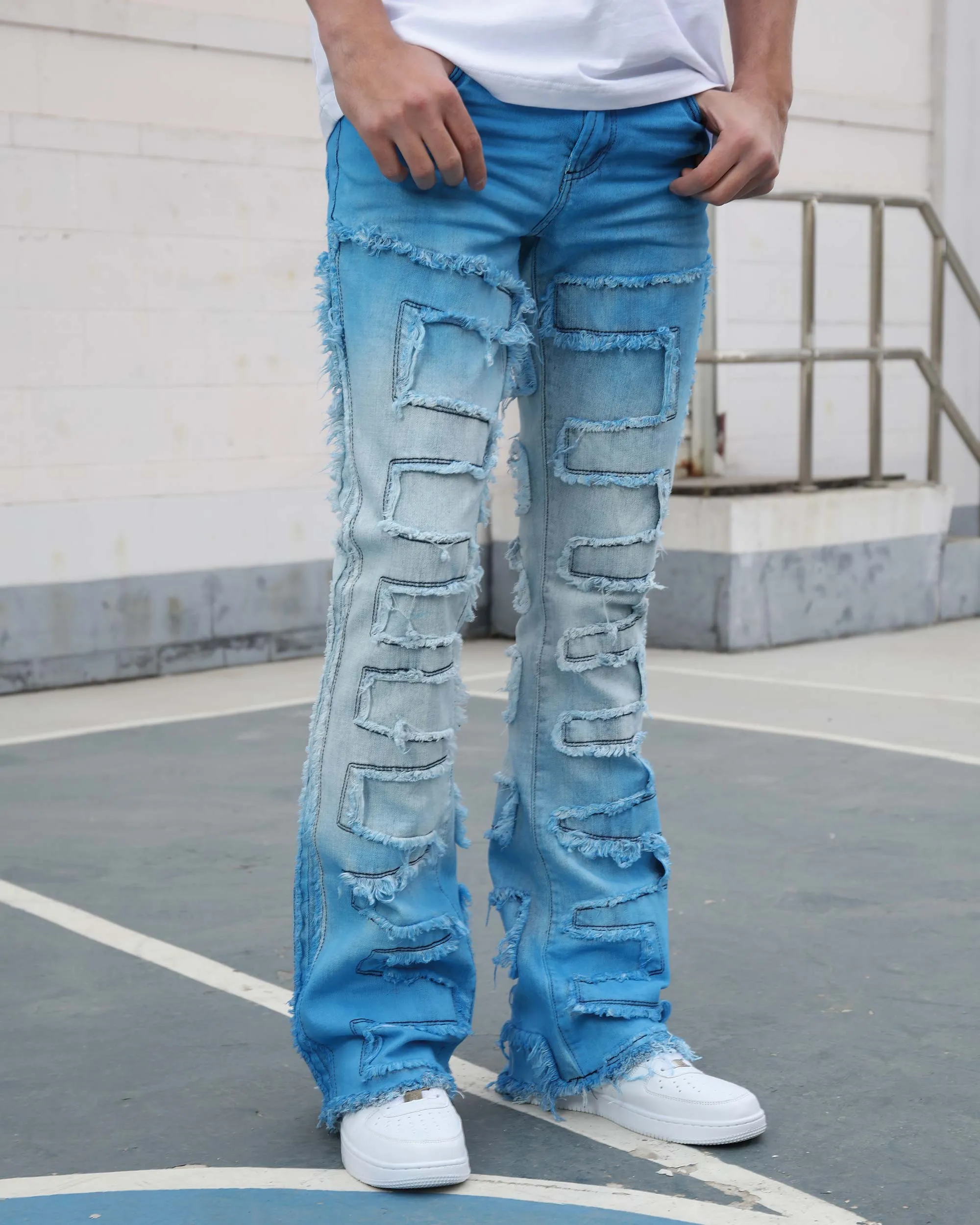 Stacked Jeans in Gradient Blue with Fringe-Mexico Local Delivery