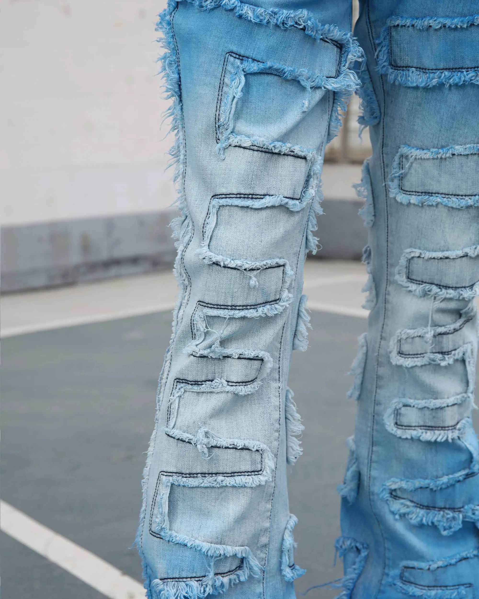 Stacked Jeans in Gradient Blue with Fringe-Mexico Local Delivery
