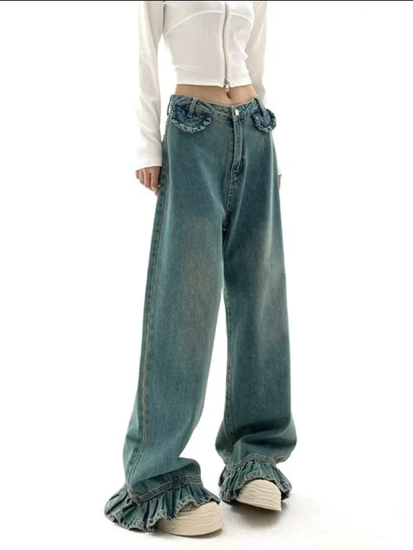 Straight Fit Ruffled Hem Jeans