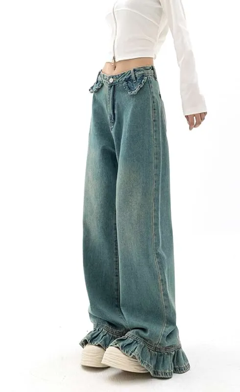 Straight Fit Ruffled Hem Jeans