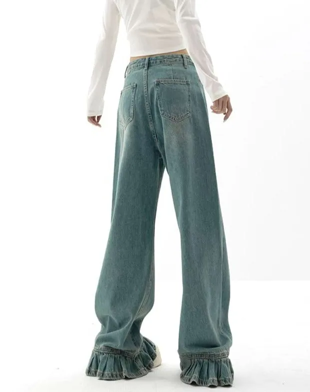 Straight Fit Ruffled Hem Jeans