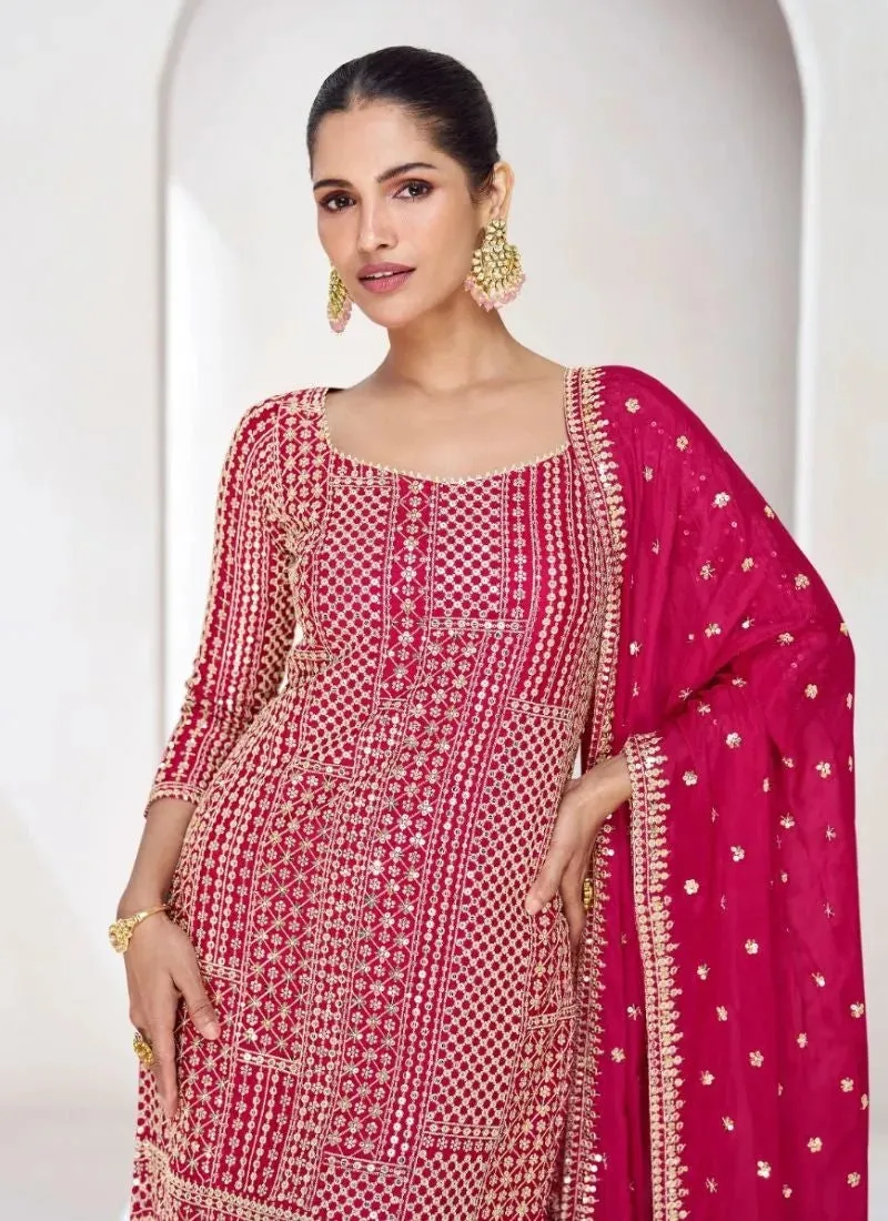 Trendy  Pink Embroidered chinon Silk palazzo suit