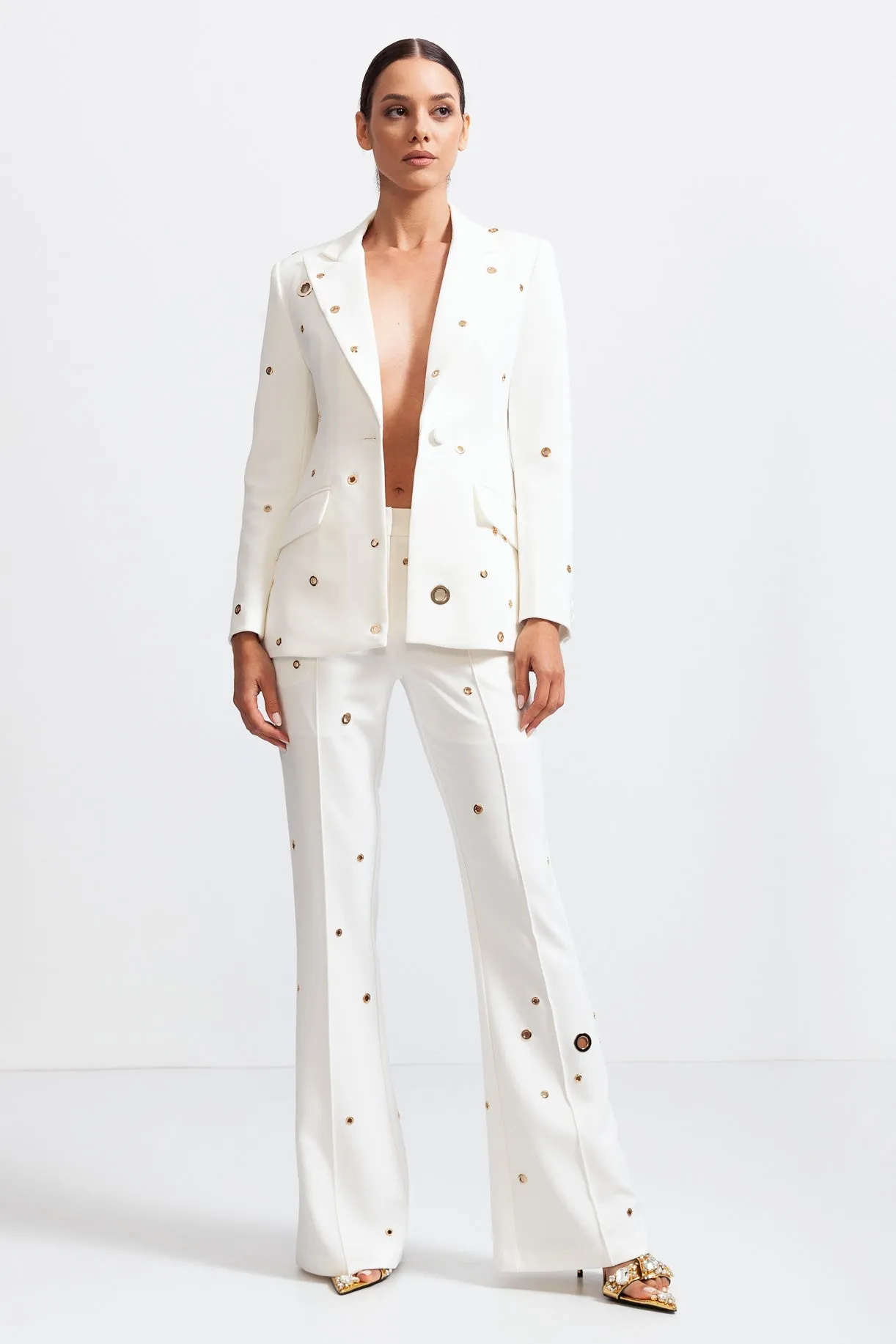 Two Piece Elegant Suit with Metal Details - White