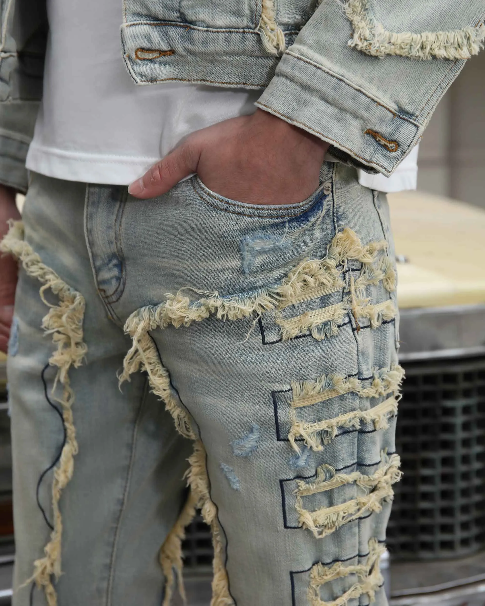 Vintage Blue Stacked Jeans with Tassel-Mexico Local Delivery