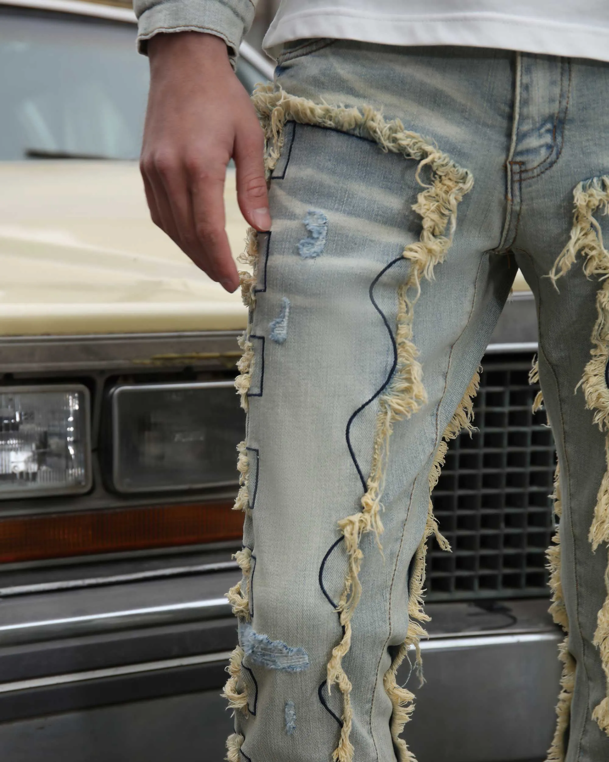 Vintage Blue Stacked Jeans with Tassel-Mexico Local Delivery