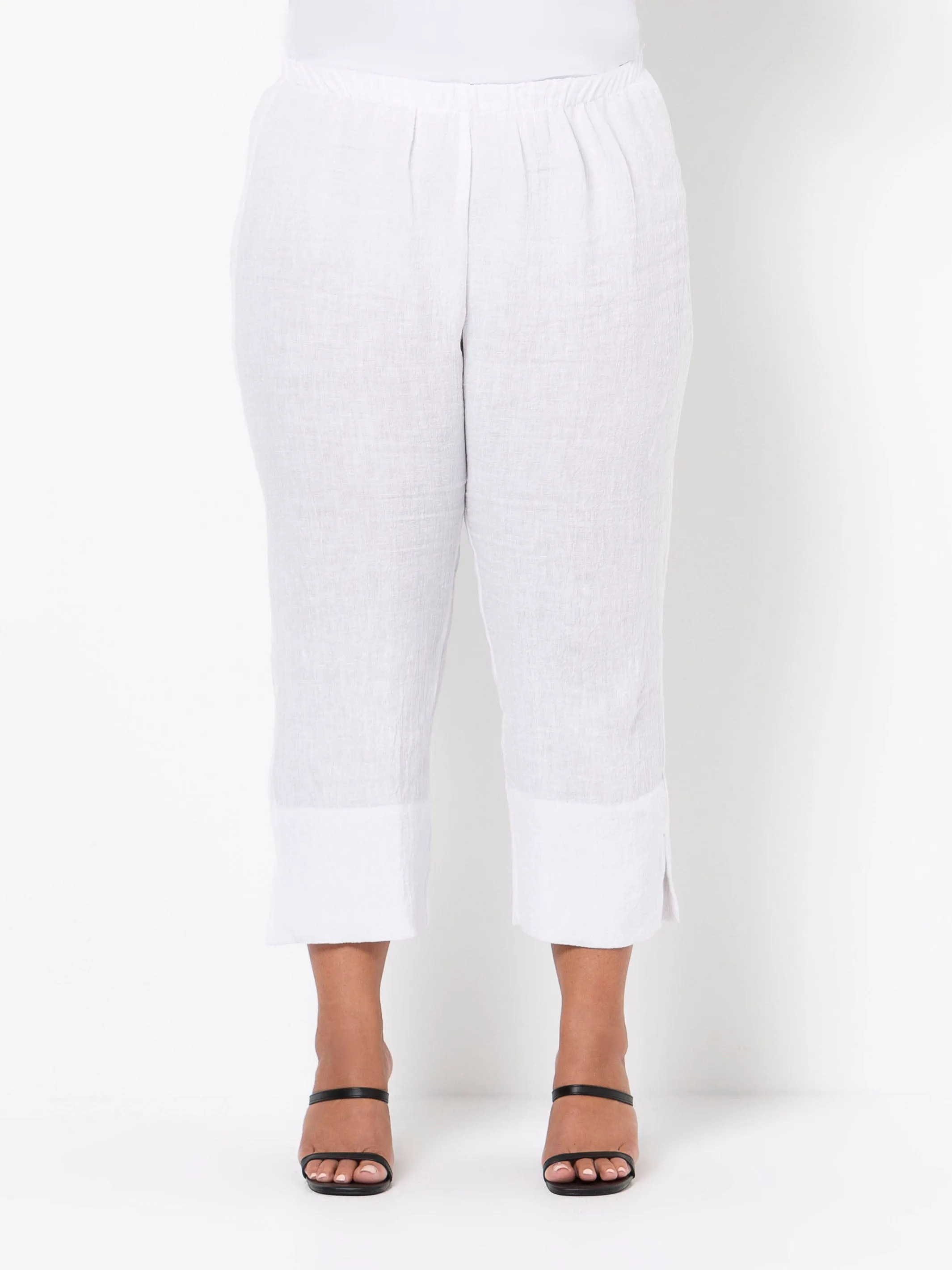 White 7/8 Crinkle Linen Wide Pant