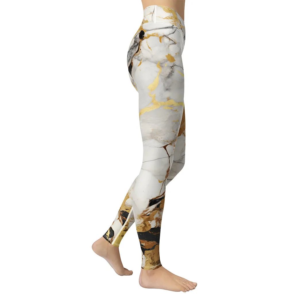 White & Gold Marble Yoga Leggings