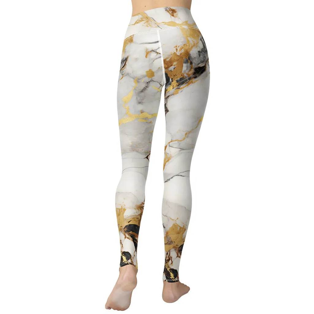 White & Gold Marble Yoga Leggings