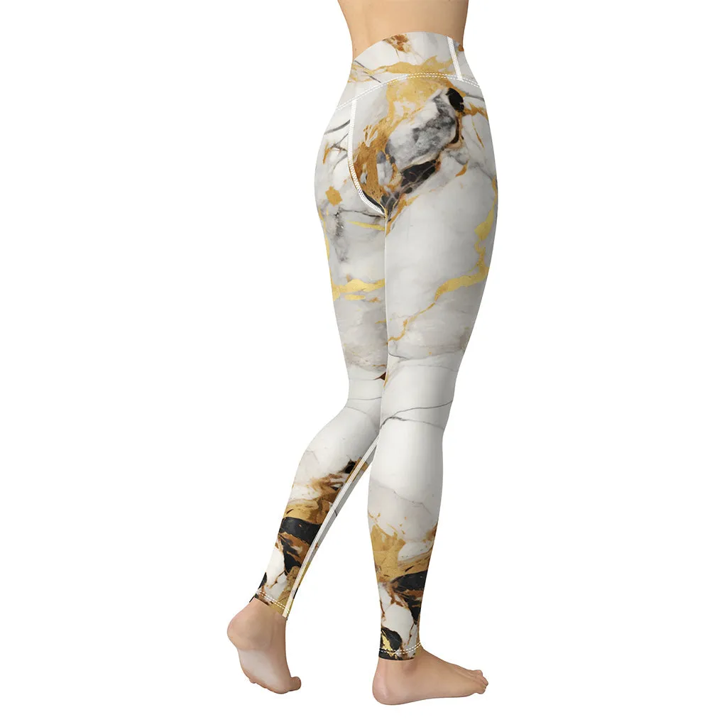 White & Gold Marble Yoga Leggings