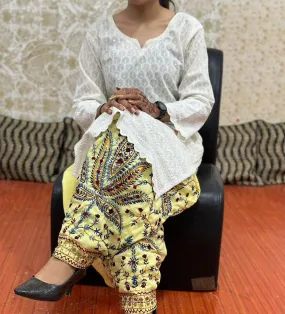 White & Yellow Elegant Phulkari Patiala Salwar & Chikankari Kameez Set