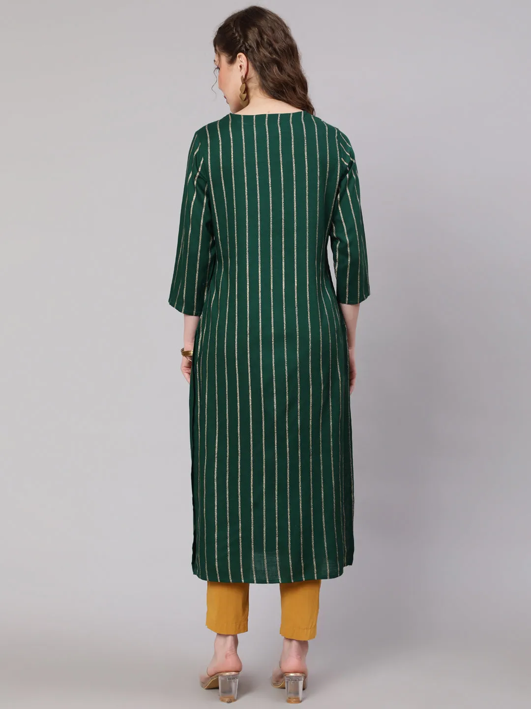 Women Green Rayon Slub Straight Kurta