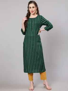 Women Green Rayon Slub Straight Kurta