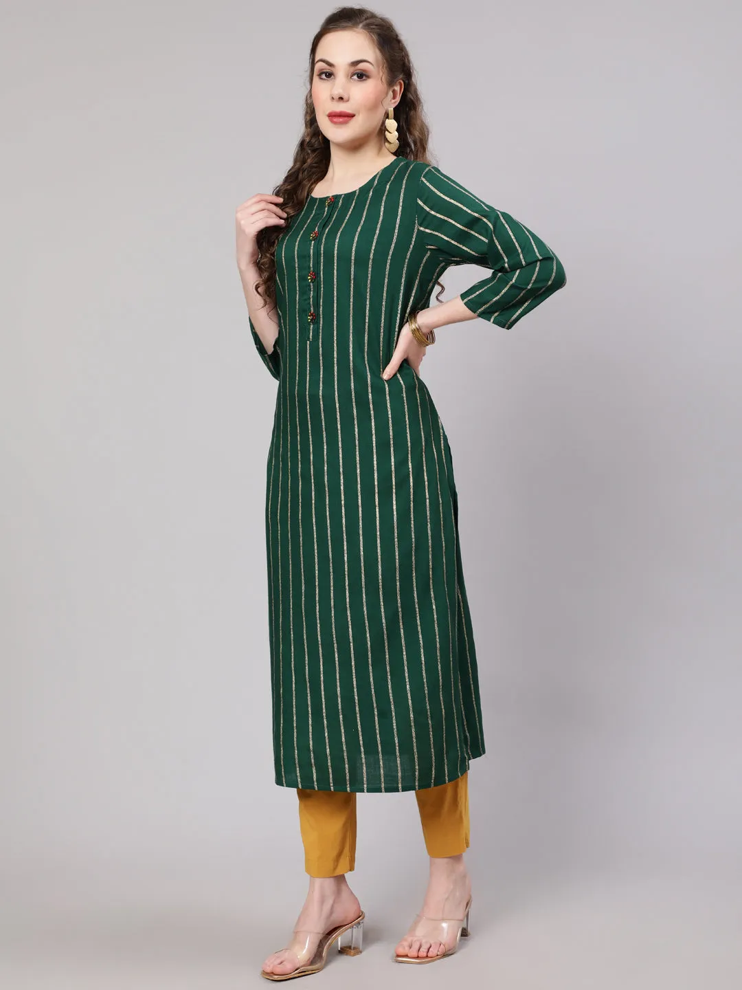 Women Green Rayon Slub Straight Kurta